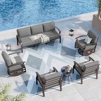 ALAULM Aluminum Patio Furniture Set 7-Seat Modern Metal Outdoor Conversation Sets w/ Swivel Rocking Chairs Sectional Sofa