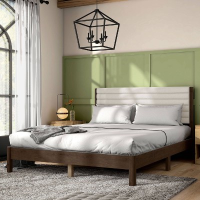Adin Queen Dark Walnut Wood Frame Bed with White Boucle Upholstered Headboard