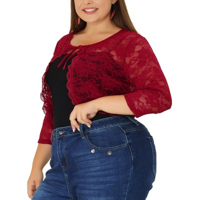 Agnes Orinda Women's Plus Size Shrug 3/4 Sleeves Lace Tie Neck Crop Bolero Cardigan