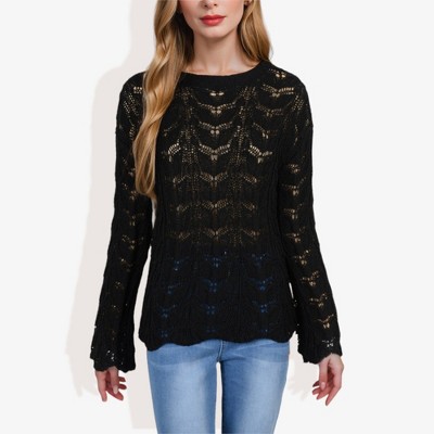 Anna-Kaci Women's Long Sleeve Crochet Knit Sweater with Crew Neck and Relaxed Fit for Fall and Winter