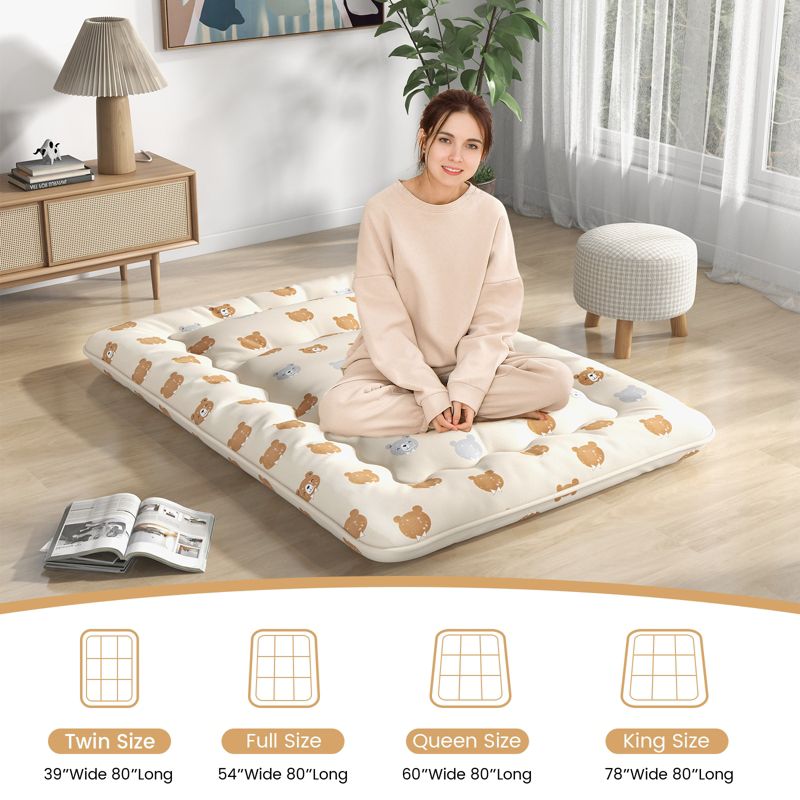 Costway Full/King/Queen/Twin Futon Mattress Japanese Floor Pad Washable Cover Carry Bag Brown Bear, 4 of 10