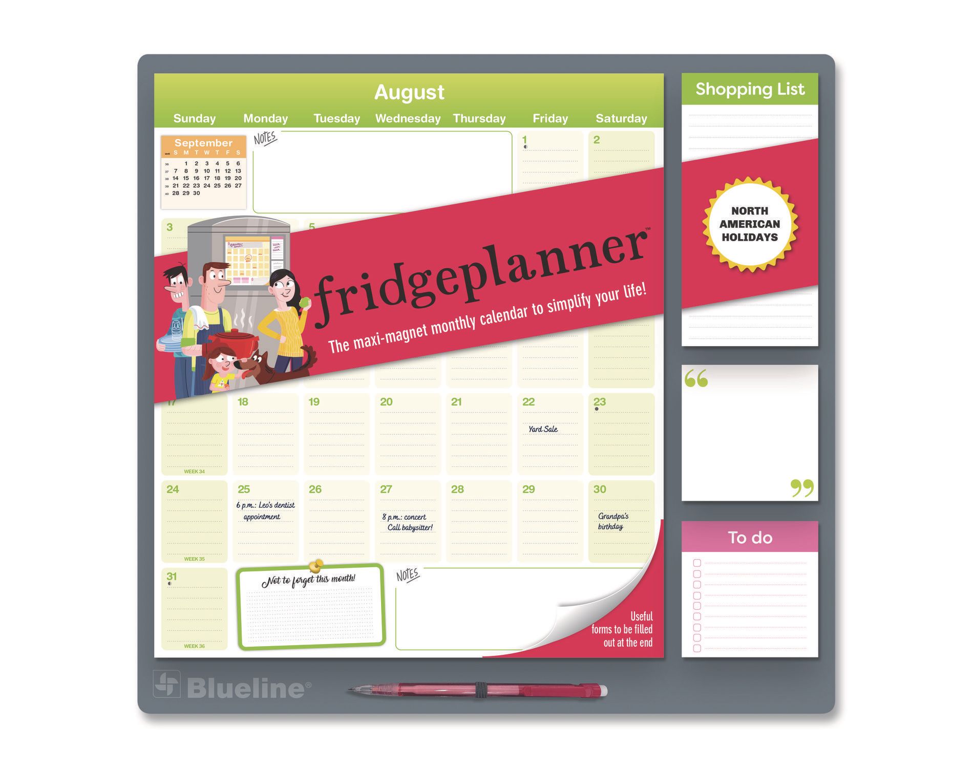 Fridge Planner Magnetized Monthly Calendar with Pads + Pencil, 14 x 13.5, Yellow/Green Sheets, 17-Month: Aug 2025 to Dec 2026