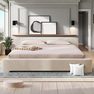 King Size White Boucle Upholstered Platform Bed Engineered Wood Frame Bed with 600lb Capacity - 1 of 4