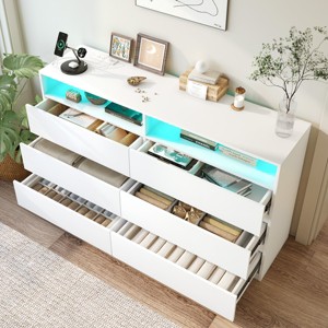 Dyonery 6-drawer double dresser with electrical outlets and LED lights, spacious storage cabinet with open shelves, charging cradle - 1 of 4
