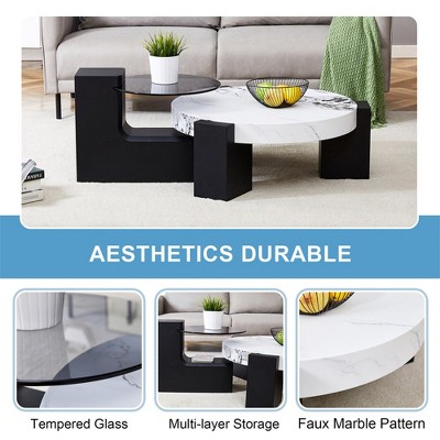 Modern White and Black MDF Coffee Table Set with Glass Top