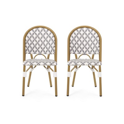 Gray and White Bamboo Print Outdoor Aluminum Bistro Dining Chairs