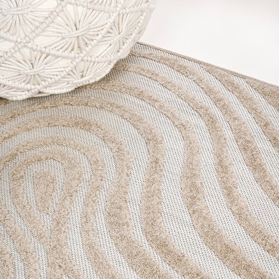Beige and Cream High-Low Striped Rectangular Rug