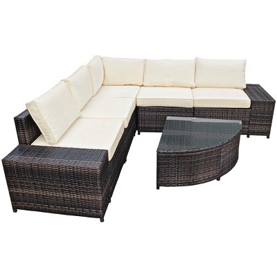 Tangkula 6-Piece Outdoor Rattan Conversation Set Sectional Sofa Set with Arc-Shaped Table