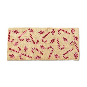 tagltd 1'6"x3'3" Red Peppermint Candy Cane Print Rectangle Indoor and Outdoor Coir Door Welcome Mat Red White on Beige Background - 1 of 2