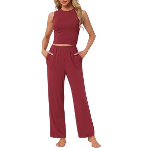 Womens Lounge Set Stretchy Side Ruched Crop Top Sleeveless Tank Rayon Straight Pants 2 Piece Pajama Set - 1 of 4