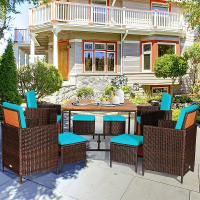 Turquoise PE Wicker and Acacia Wood 9-Piece Outdoor Dining Set