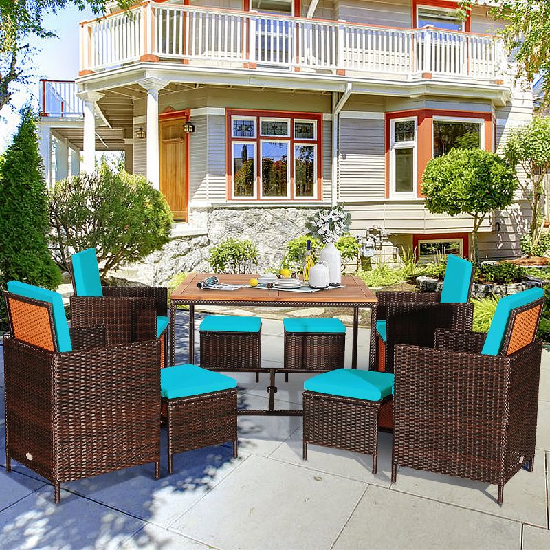 Tangkula 9 PCS Outdoor Patio Dining Set Conversation Furniture W/ Removable Cushions Turquoise, 2 of 5