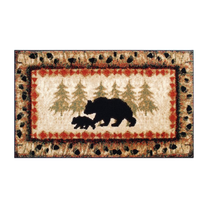 Emma and Oliver Cabin Theme Accent Rug with Bear and Cub Design with Trees in Background and Bear Track Patterned Edges, 1 of 7