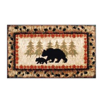 Emma and Oliver Cabin Theme Accent Rug with Bear and Cub Design with Trees in Background and Bear Track Patterned Edges