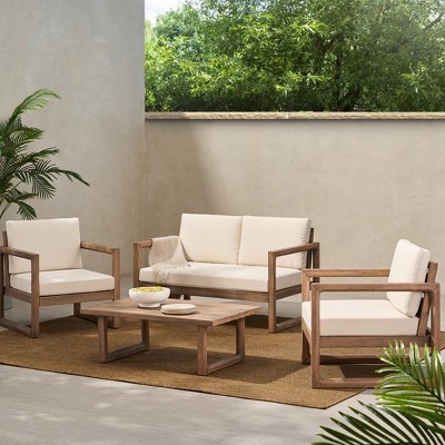 4-Pieces Acacia Wood Patio Seating Set With Wood Frame And Thick Cushion,Sofa And Coffee Table,Outdoor Conversation Patio Set -Maison Boucle