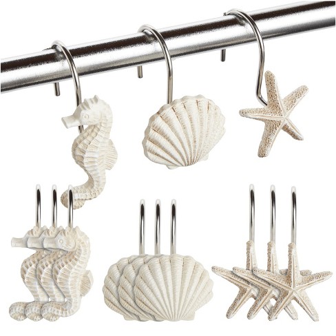Juvale 12 Pack Beach Shower Curtain Hooks, Decorative Ocean Themed Design  With Seahorses, Starfish, And Seashells : Target