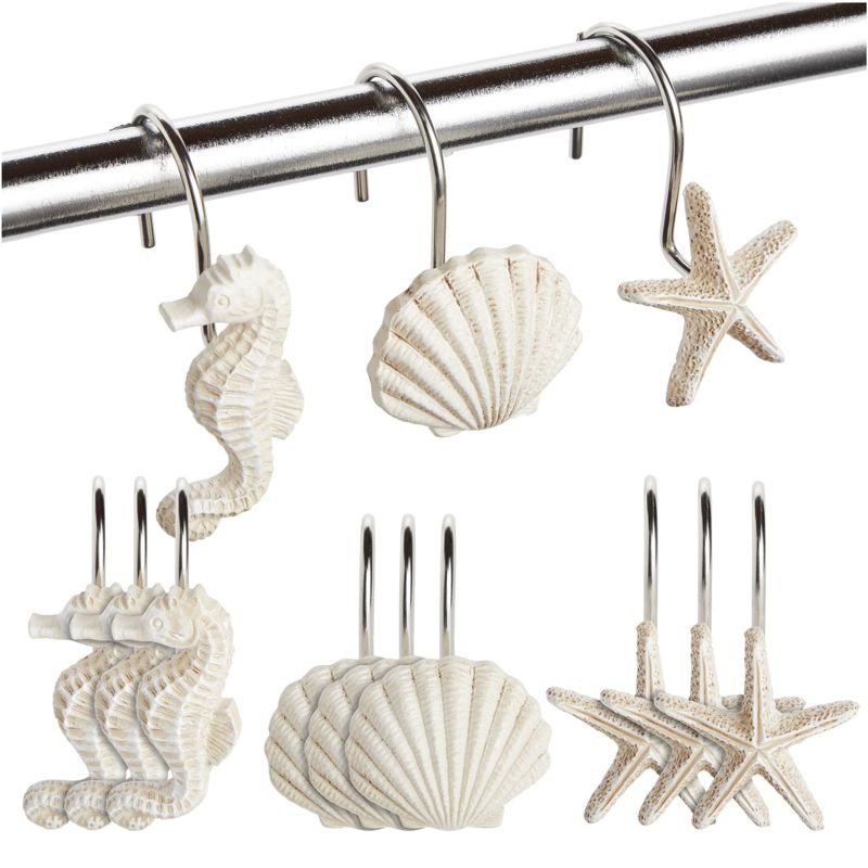 Juvale 12 Pack Beach Shower Curtain Hooks, Decorative Ocean Themed Design with Seahorses, Starfish, and Seashells, 1 of 9