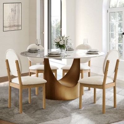 Beige Boucle Dining Chair Set Of 4,Wooden Dining Table Chairs With Upholstered Seat And Back Nice Kitchen Chairs Set Of 4 Under $100-Cuddlewood