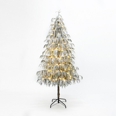 LuxenHome 6.5Ft Pre-Lit Snowy Branches Slim Artificial Cedar Christmas Tree with Metal Stand Green