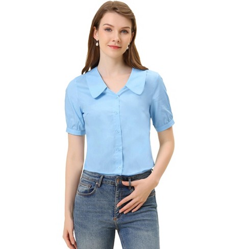 Allegra K Women's Puff Sleeve Collared Cotton Work Button Down Shirt