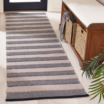 Ivory and Black Striped Kilim Wool Cotton Runner Rug
