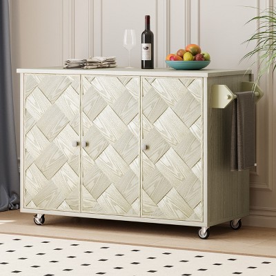 MAYEERTY Solid Wood Handwoveb Kitchen Island with Drop Leaf Coastal Kitchen Isalnd on Wheels Champange