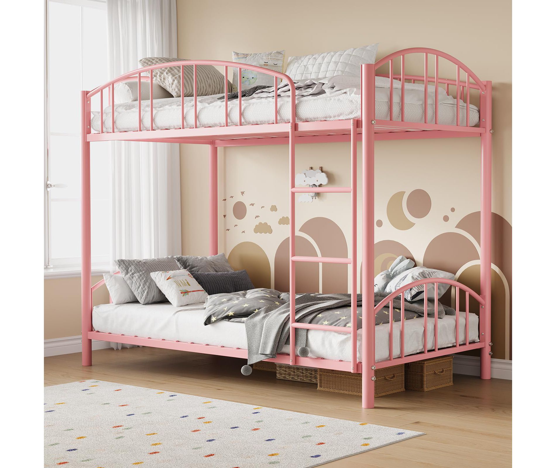 Metal Bunk Bed Twin Over Twin, Heavy Duty Bunkbeds Frame with Arched Guardrail and Safety Ladder, Sturdy Steel Bed, No Box Spring Needed, Pink