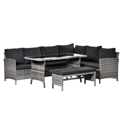 Outsunny 4 Pieces Patio Wicker Sofa Set, Outdoor PE Rattan Modern Furniture Set with Cushions & Dining Table, Bench for Garden, Backyard, Lawn