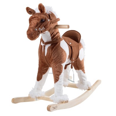 Toy Time Plush Ride-On Rocking Horse with Sounds, Stirrups, Saddle, and Reins - Clydesdale, Brown and White