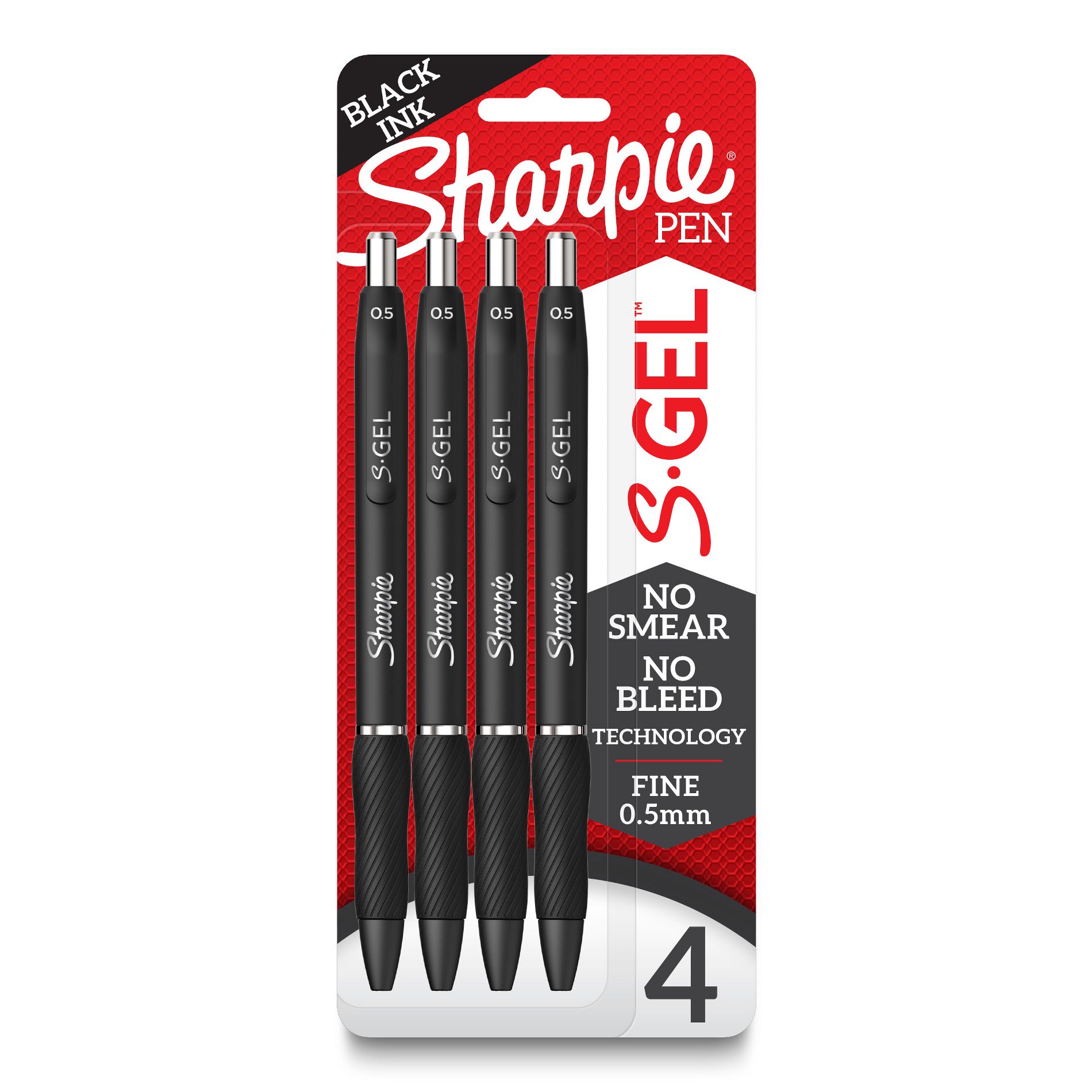 Sharpie S-Gel 4pk Gel Pens 0.5mm Fine Tip Black: Retractable, Contoured Rubber Grip, Pocket Clip, Stationery & Office