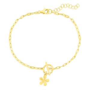 Bella Silver Sterling Silver Flower Charm Paperclip Toggle Bracelet - Gold Plated - Gold - 6.5+1 Inch - 1 of 2