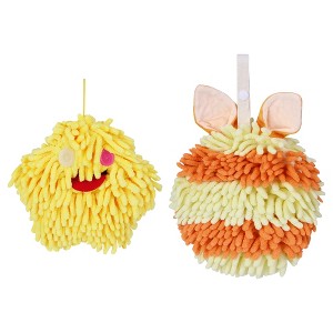 REGALWOVEN 2 Packs Fluffy Chenille Rabbit Shape Cute Soft Absorbent Hanging Ball Hand Towels 7" x 7" - 1 of 4
