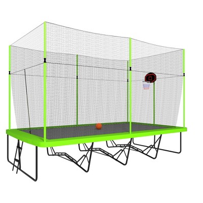 APRILSOUL 10FT by 17FT Rectangule Trampoline with Green Fabric Black Powder-coated Galvanized Steel Tubes with Basketball Hoop System