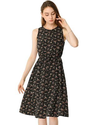 Allegra K Women's Floral Split Neck Drawstring Waist Sleeveless A-Line Summer Midi Dress