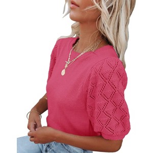 Women's Round Neck Short Sleeve Sweater Summer Casual Puff Sleeve Pullover Knit Top - 1 of 4