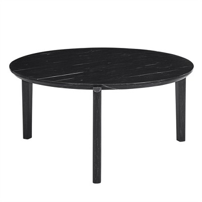 COWLOWN White Round Modern Coffee Table, Imitation Marble Top & Solid Rubber Wood Legs, Beveled Edge Design