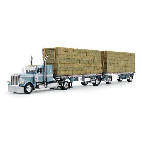 First Gear 1/64 Blue Peterbilt 389 36in Flattop W/ Dual Flatbeds & Hay ...