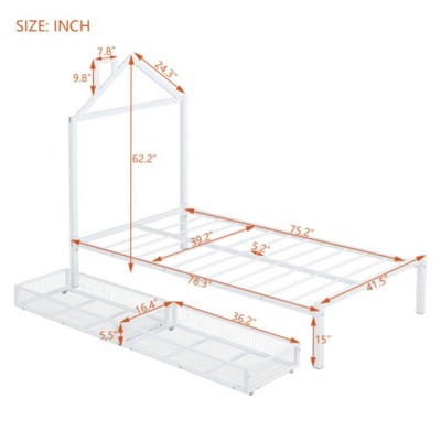 Twin-Size White Metal Platform Bed with House-Shaped Headboard and Storage Drawers