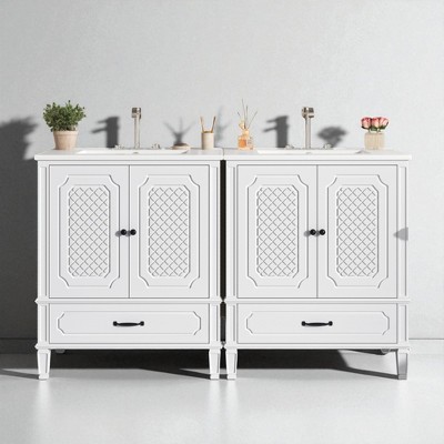 60" Double Sink Bathroom Vanity, Bathroom Cabinet with Ceramic Basins,Adjustable Shelves,Freestanding Vanity
