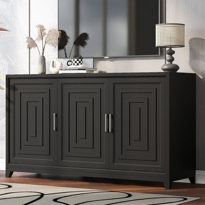 JUJABU Modern TV Console with Storage for up to 65" TVs, Entertainment Cabinet with Solid Wood Legs for Living Room - Black