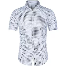 Lars Amadeus Men Short Sleeves Cotton Polka Dots Button Up Shirt White 46