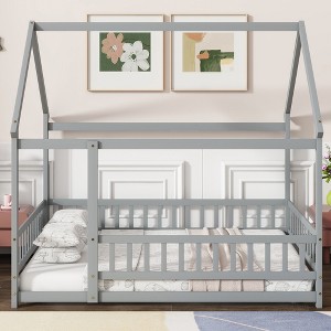 Whisen Full Size Bed & Floor Bed, Wooden Structure with Fence Design for Safe & Imaginative Sleep Spaces For Children - 1 of 4