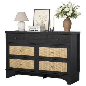 7 Drawers Dresser, Natural Rattan Modern Wood Dressers & Chest of Drawers for Bedroom, Wide Storage Dressers Organizer Deep Drawers - 1 of 4