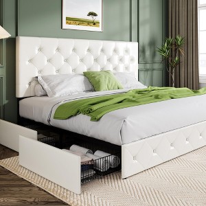 Allewie King Size Platform Bed Frame with 4 Storage Drawers and Headboard/ Upholstered Diamond Stitched Button Tufted/ Wooden Slats Support/ White - 1 of 4