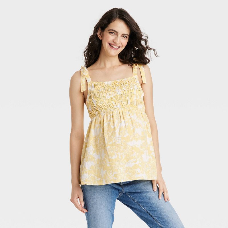 Tie Strap Linen Maternity Tank Top - Isabel Maternity by Ingrid & Isabel™ Yellow Floral, 1 of 4