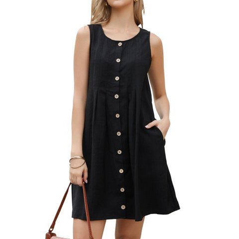 Женские платья INSPIRE CHIC Women's Sleeveless Button Down Summer Casual Round Neck Shift Mini Dresses Small Black