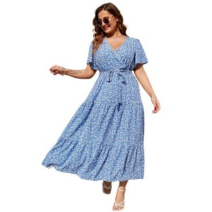 Garvee Women Plus Size V Neck Wrap Maxi Dress High Waist Ruffle Summer Casual Dress with Belt Short Sleeve - 1 of 4