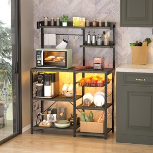 Aheaplus Kitchen Storage Shelf with Hooks, Coffee Bar Station with Power Outlets & LED Light, Bakers Rack with Pull-Out Basket - 1 of 4