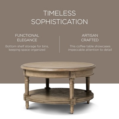 Pullman Antiqued Grey Round Wooden Coffee Table with Shelf
