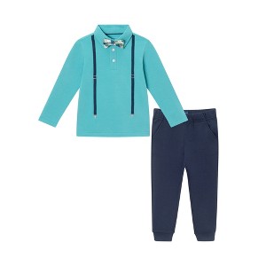 Andy & Evan  Toddler  Teal Faux Suspender Shirt w/Pique Pant Set - 1 of 4